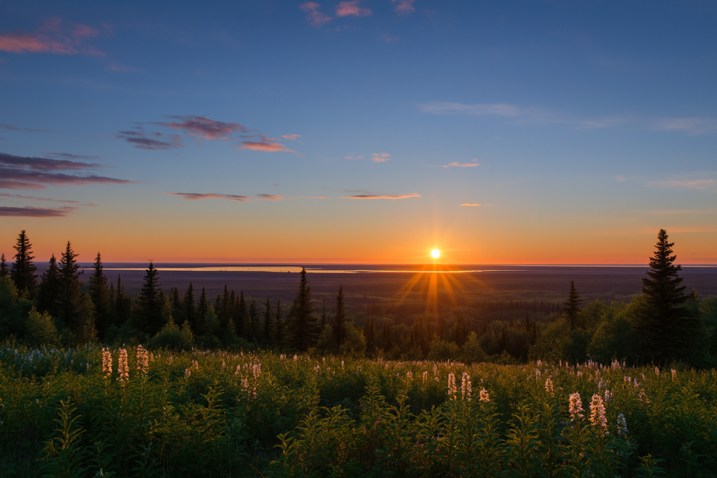 Midnight sun resting on the horizon over Fairbanks, warm glow across a summer landscape, long daylight hours, outdoor gatherings, adventurous families, birthday trips with extended daylight, solstice celebrations, scenic Alaska travel, nature lovers, unique seasonal events.