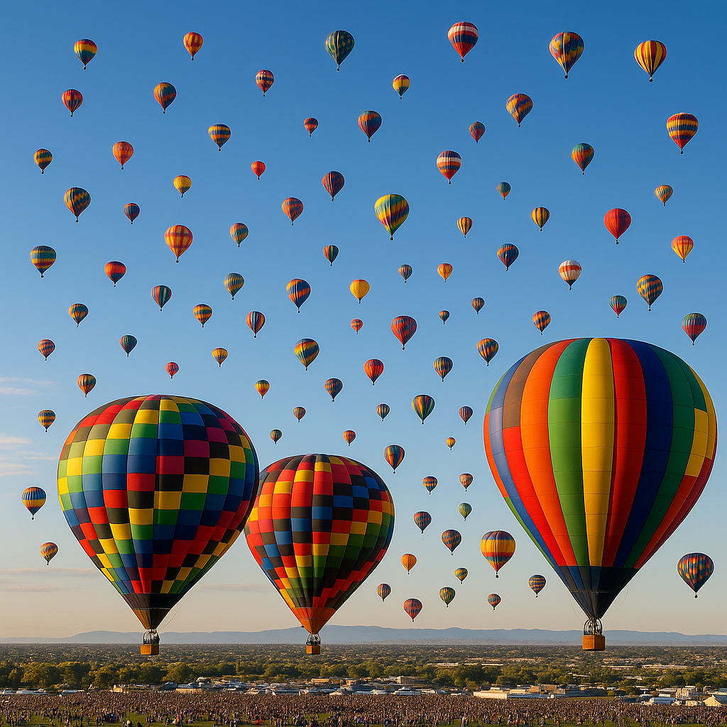 Colorful hot air balloons rising at sunrise over Albuquerque, wide open sky, festival crowds watching the launch, vivid colors filling the field, family travel, graduation trip ideas, birthday trips, photographers, morning festivals, New Mexico travel, once in a lifetime events, festive celebrations, outdoor adventures, travel with kids.