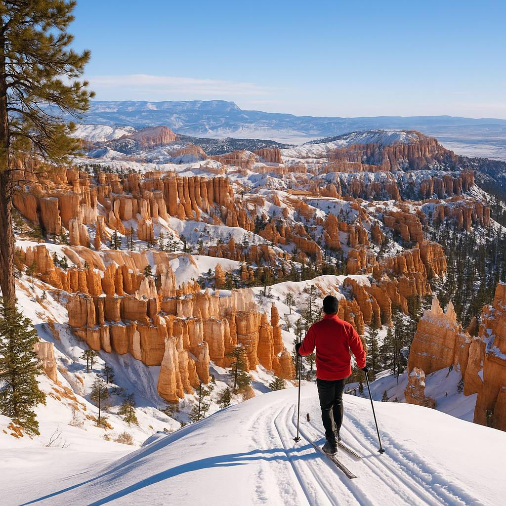 Cross country skier gliding along a snow covered trail above Bryce Canyon hoodoos, deep red rock rising from the canyon, quiet winter morning, winter explorers, scenic anniversary trips, birthday trips for outdoor travelers, peaceful trails, Utah winter travel, desert landscapes with snow.
