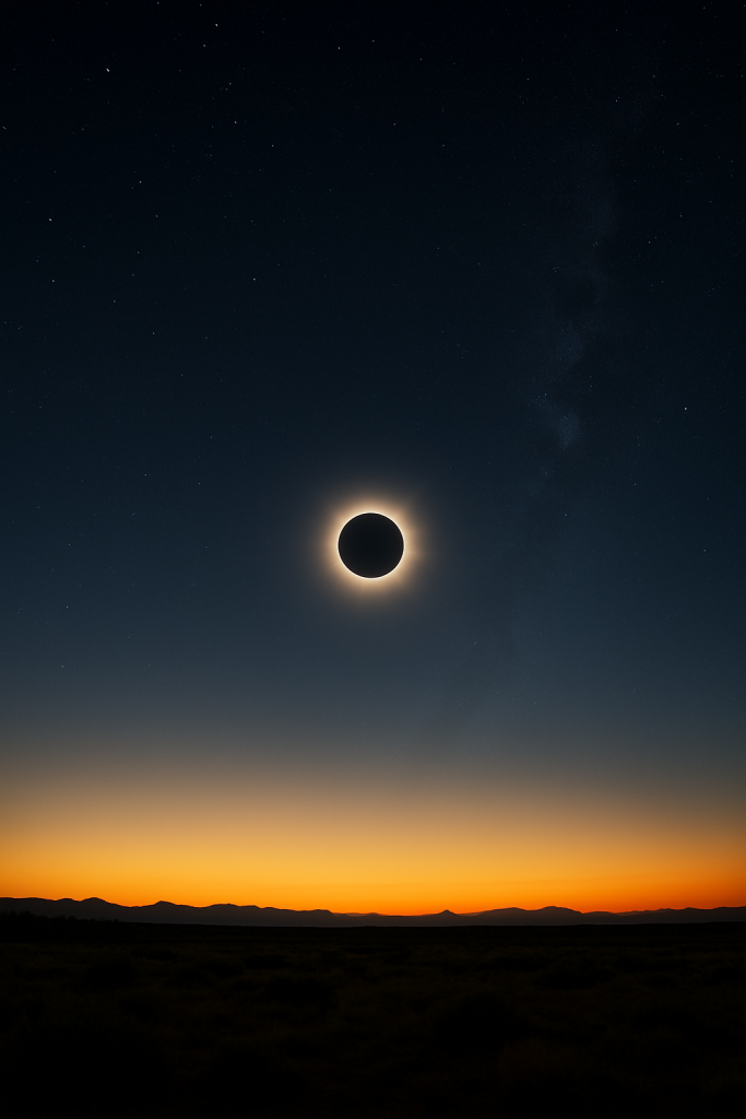 Landscape at total solar eclipse with darkened sky and warm horizon glow, silhouetted trees and wide open land, rare sky event, sky watchers, families seeking unique birthday trips, couples who enjoy natural events, peaceful outdoor settings, eclipse travel, scenic horizon views.