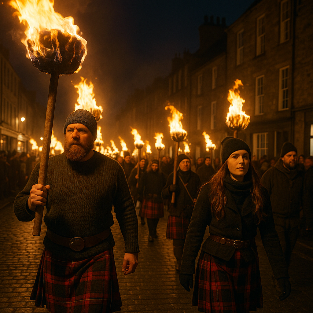 Fire dancers and parade performers moving through old stone streets during Edinburgh Hogmanay, warm lantern light reflecting on historic walls, lively crowds gathered for New Year celebrations, music lovers, festival travelers, cultural celebrations, birthday trips in winter, city events, Scotland travel, historic festivals.