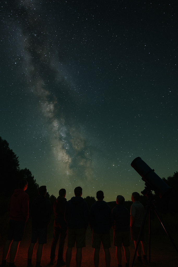 Stargazers using telescopes along the rim of the Grand Canyon, dark sky full of stars, canyon silhouette at night, astronomy lovers, quiet family travel, thoughtful birthday trips, night sky enthusiasts, national park events, peaceful outdoor gatherings, scenic night views