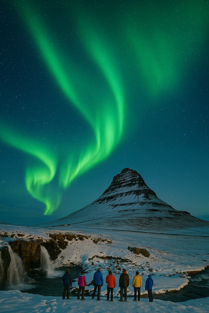 Northern Lights glowing across a dark winter sky in Iceland, green and violet waves of light above snowy hills, remote landscapes, cozy winter travel, birthday trips for couples, stargazing travelers, quiet places for reflection, peaceful nights, nature lovers, winter anniversary experiences, scenic sky views.