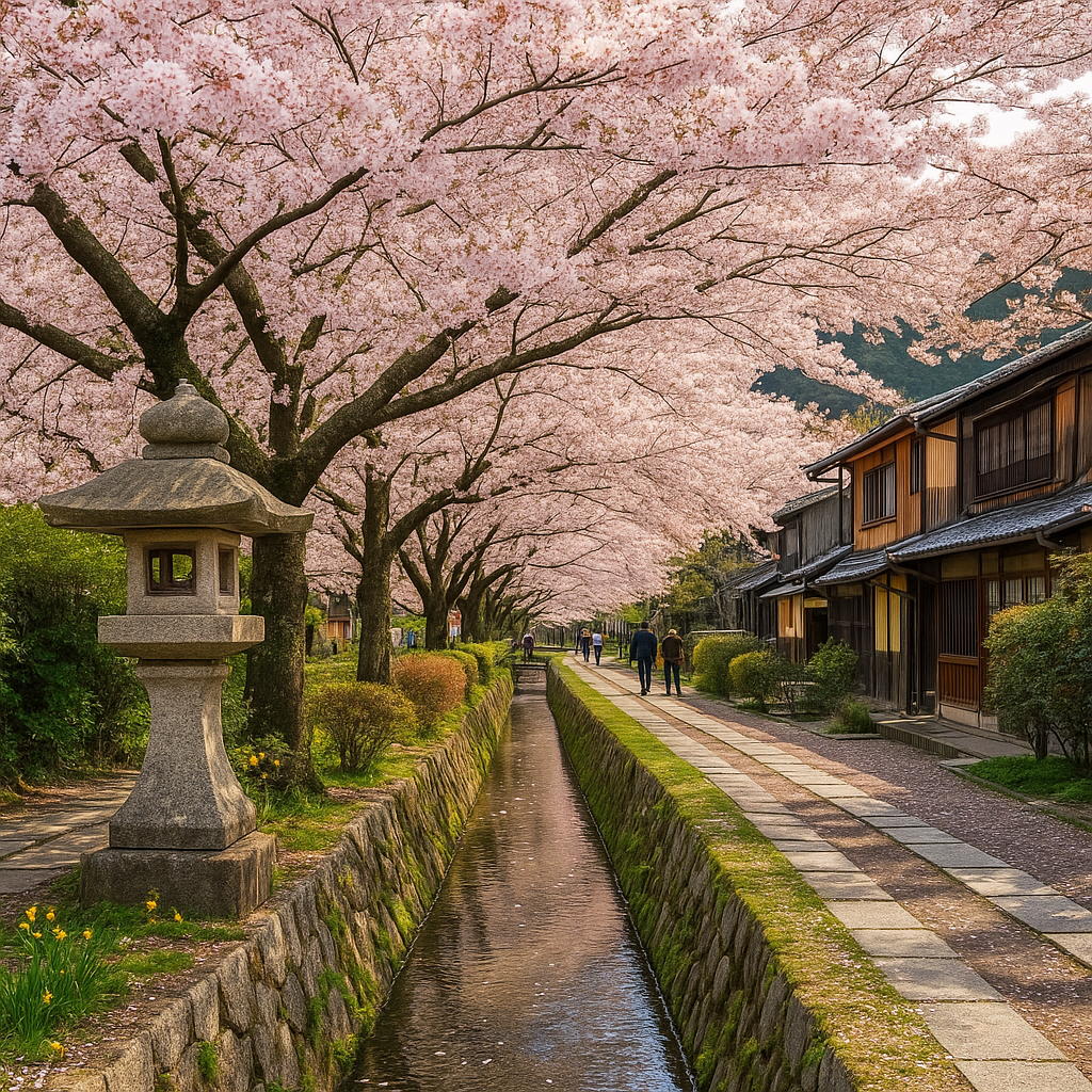 Soft pink cherry blossoms blooming along quiet paths in Kyoto, peaceful trees arching over stone walkways, traditional temples nearby, romantic anniversary trips, slow travel, birthday trips for couples, nature lovers, spring travel destinations, Japan cherry blossom season, scenic walks, gentle mornings, cultural travel experiences.