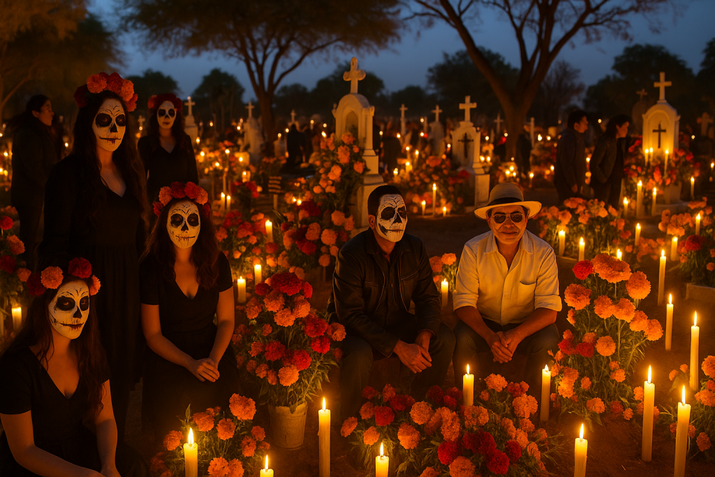 Day of the Dead celebration in Oaxaca with marigold paths, painted calavera faces, candles glowing near altars, warm evening colors, cultural travelers, food lovers, meaningful birthday trips, heritage festivals, Latin American travel, colorful traditions, fall celebrations, community events.