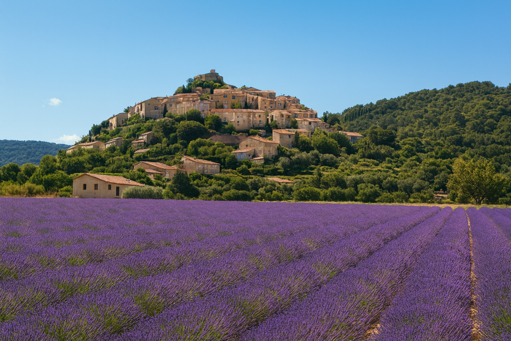 Purple lavender fields stretching toward a hilltop village in Provence, warm golden sunlight across the flowers, peaceful countryside, food lovers, nature travelers, francophiles, wine fans, relaxed birthday trips, scenic summer landscapes, French countryside travel, gentle outdoor beauty.