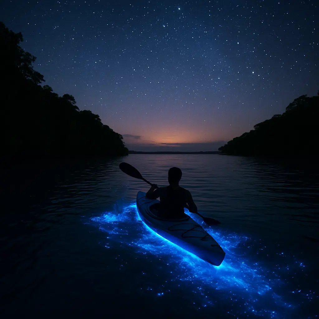 Kayaker paddling through glowing blue water in a Puerto Rico bioluminescent bay, tropical trees along a calm shoreline, dark night sky above, ocean lovers, couples seeking peaceful birthday trips, nature travelers, glowing water tours, Caribbean travel, memorable night experiences.