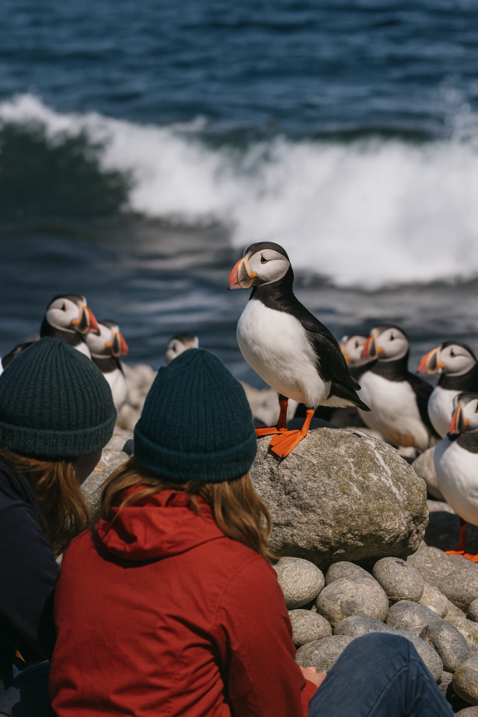 Atlantic puffins gathering on a rocky Maine shoreline, boats approaching the wildlife viewing area, families watching puffins fly and dive, coastal travel, nature lovers, bird watchers, family friendly birthday trips, calm summer adventures, wildlife tours, small town coastal charm, outdoor celebrations.