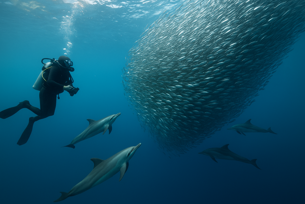 Underwater scene of dolphins swimming through a swirling bait ball during the Sardine Run off the Wild Coast of South Africa, sunlit water from above, action filled marine movement, ocean adventurers, thrill seekers, wildlife lovers, bucket list birthday trips, marine travel experiences.