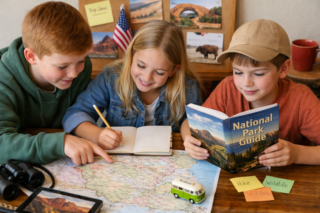 Children planning a national park road trip together using maps and guidebooks, showing how to involve kids in family spring break planning and travel