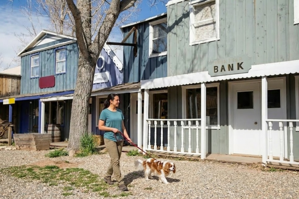 Walking a dog in Kanab Utah near Little Hollywood movie set buildings, showing a dog friendly town experience in Southern Utah