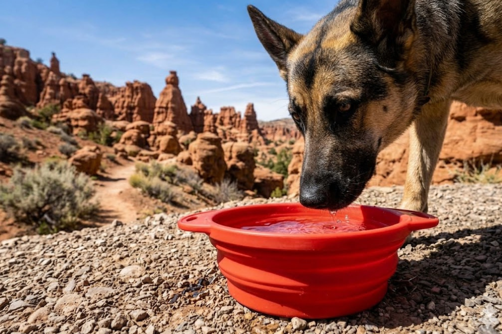 Dog drinking water on a desert trail in Southern Utah, showing how to keep dogs safe and hydrated while traveling with a dog near Kanab