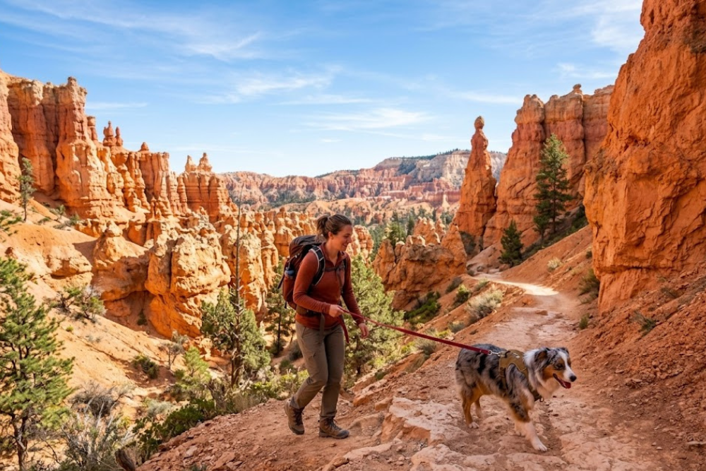 Woman hiking with a dog in Red Canyon near Bryce Canyon Utah, showing an accessible dog friendly trail in Southern Utah