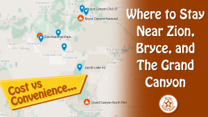 Map of southern Utah showing the best places to stay near Zion and Bryce Canyon, including Kanab, Springdale, Tropic, Bryce Canyon City, Orderville, and Jacob Lake, with driving distances to Zion National Park, Bryce Canyon National Park, and the Grand Canyon North Rim.