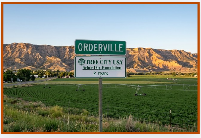 Orderville Utah town sign at golden hour with green farmland and red rock canyon walls behind it, representing one of the quieter lodging alternatives along Highway 89 between Zion National Park and Bryce Canyon for travelers looking for affordable places to stay near Zion and Bryce Canyon without moving hotels.