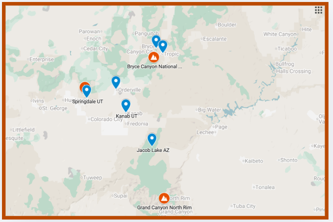 Custom Google Map showing the best places to stay for a multi park Utah itinerary, with pins marking Springdale UT, Orderville, Kanab UT, Jacob Lake AZ, Bryce Canyon City, Tropic, and the Grand Canyon North Rim, illustrating drive distances for travelers choosing the best town to stay for a Zion Bryce and Grand Canyon trip without moving hotels.